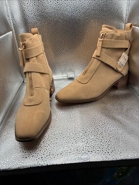 Suede Ankle Boots in Tan - Women's Stylish Zip & Strap Booties